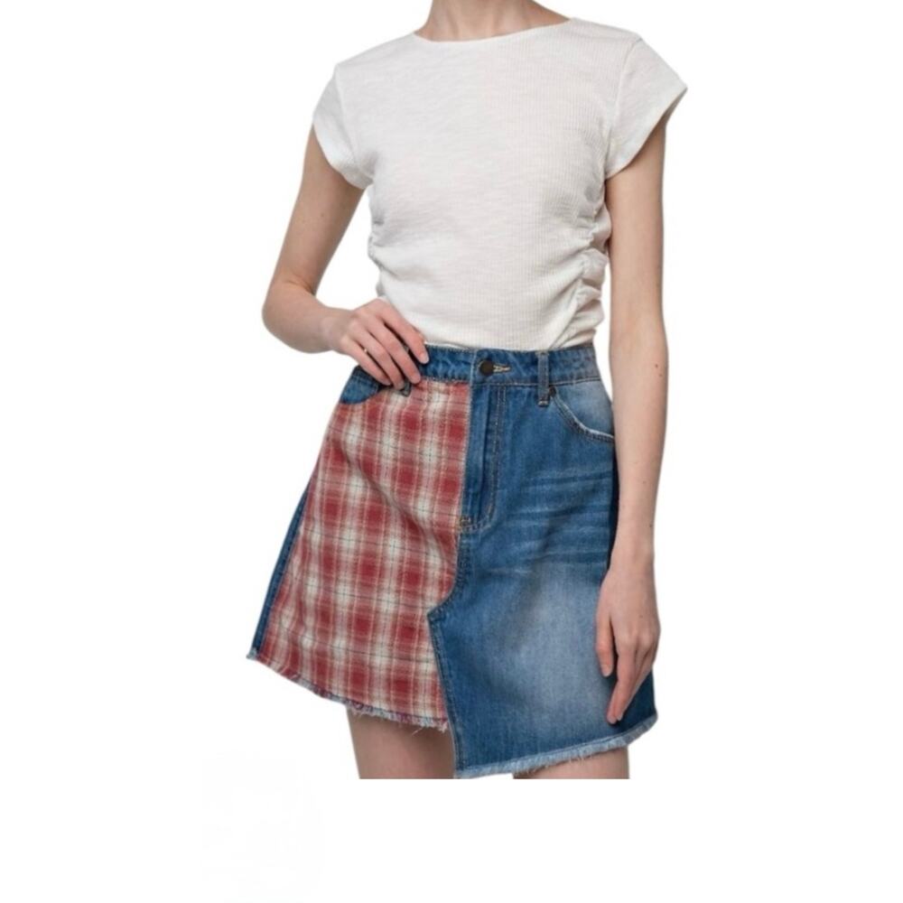 NWT Easel asymmetric plaid patchwork distressed denim skirt frayed hem edgy cut